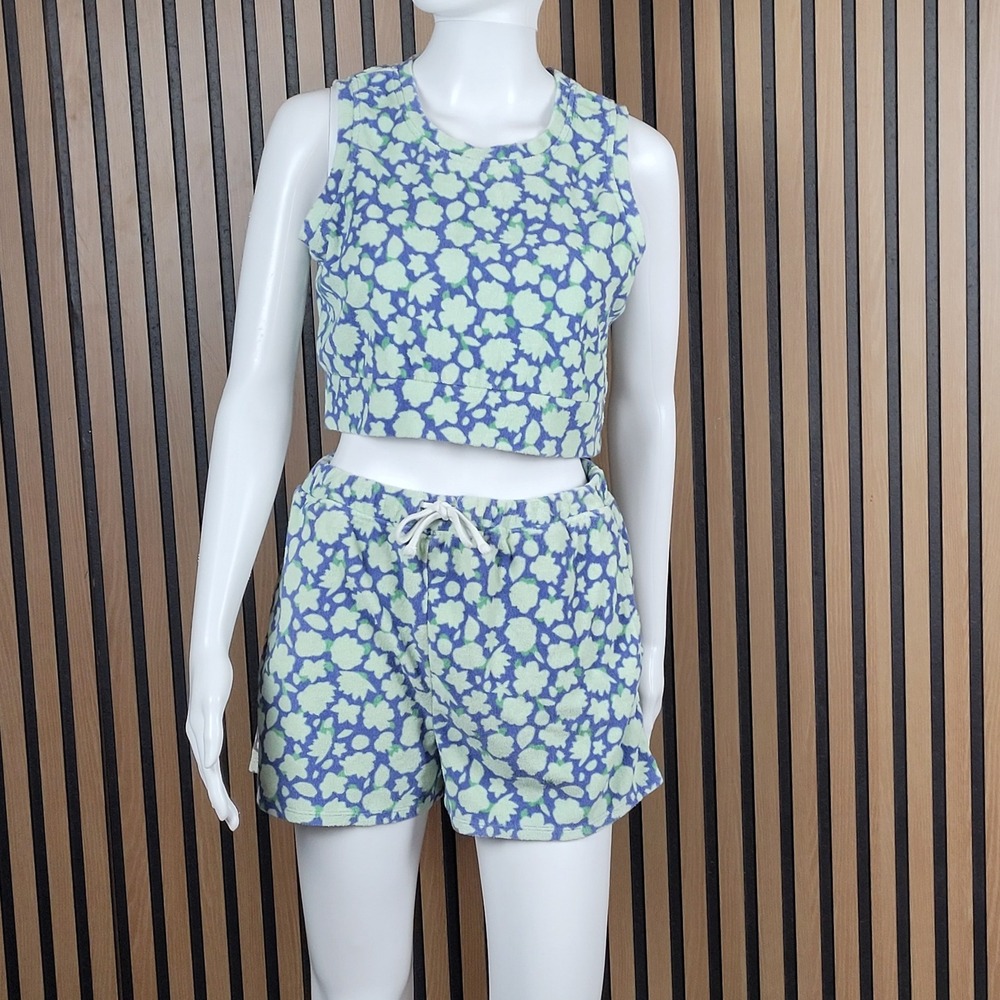 Free Assembly Short Set Kids XXL 18 Blue Green Excellent Terry Cloth Floral 2pc